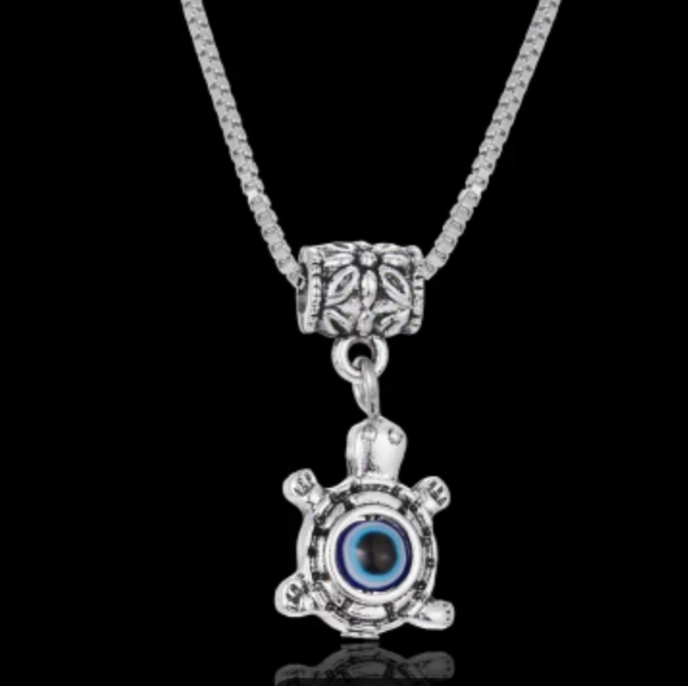 TURTLE CHARM Necklace w Evil Eye Protection or Good Luck Glass Bead